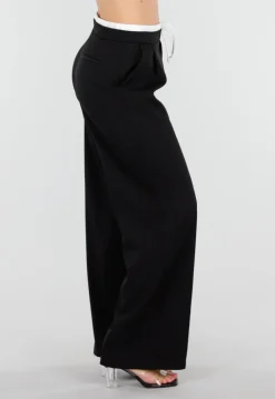 Zwarte Wide Leg Broek met Witte Tailleband en Strikdetail