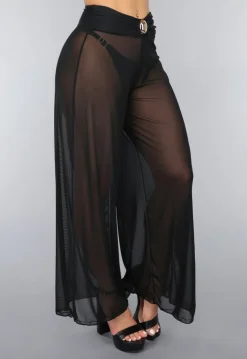 Zwarte Wide Leg Cover-Up Broek met Statement Detail