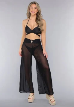 Zwarte Wide Leg Cover-Up Broek met Statement Detail