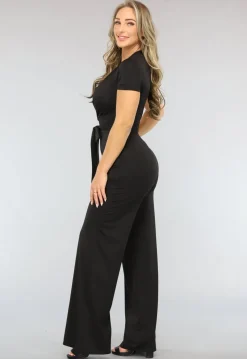 Zwarte Wide Leg Jumpsuit met Korte Mouwen en Tailleband