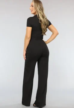 Zwarte Wide Leg Jumpsuit met Korte Mouwen en Tailleband