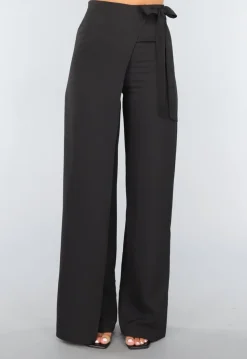 Zwarte Wide Leg Overslag Pantalon met Strikdetail