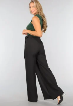 Zwarte Wide Leg Overslag Pantalon met Strikdetail