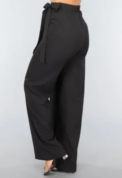 Zwarte Wide Leg Overslag Pantalon met Strikdetail