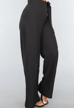 Zwarte Wide Leg Overslag Pantalon met Strikdetail