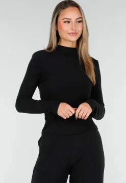 Zwarte Zachte Stretch Top met Col en Lange Mouwen