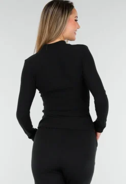 Zwarte Zachte Stretch Top met Col en Lange Mouwen