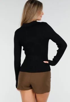 Zwart Geribde Trui met Knoopsluiting