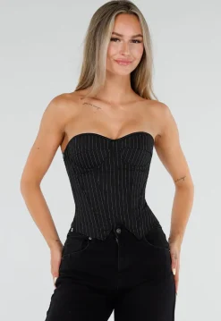 Zwart Gestreept Strapless Korset met Vetersluiting en Rits