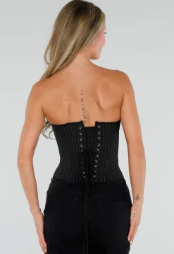 Zwart Gestreept Strapless Korset met Vetersluiting en Rits