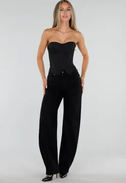 Zwart Gestreept Strapless Korset met Vetersluiting en Rits