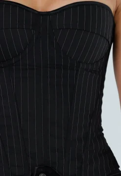 Zwart Gestreept Strapless Korset met Vetersluiting en Rits