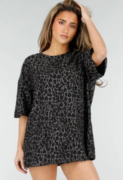 Zwart Grijs Oversized Cheetahprint T-shirt met Korte Mouwen