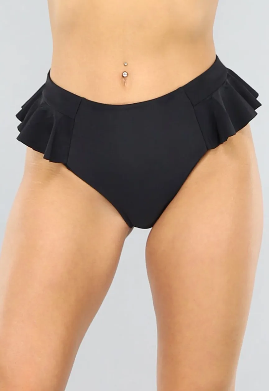 Zwart High Waist Maxi Bikinibroekje met Ruches