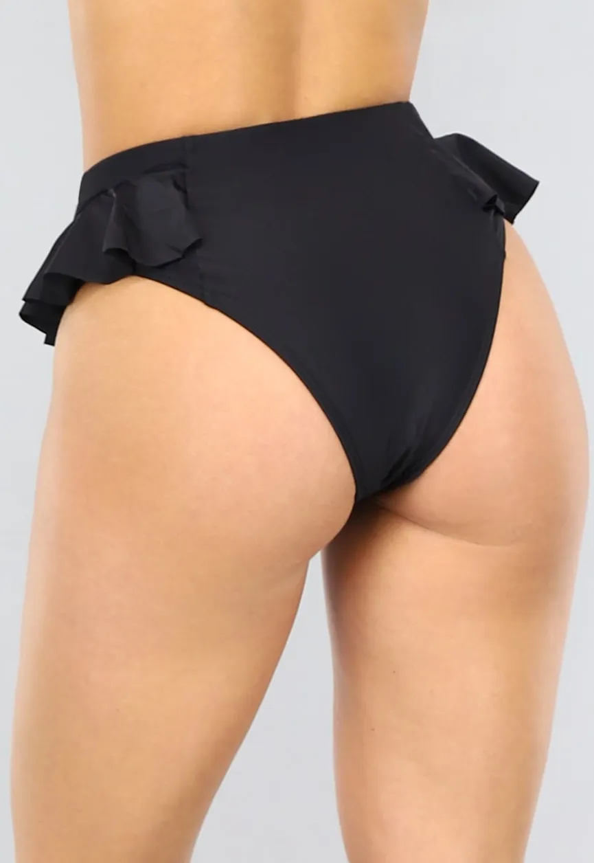 Zwart High Waist Maxi Bikinibroekje met Ruches