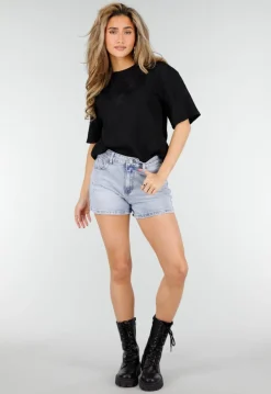 Zwart Kanten T-shirt met Korte Mouwen en Ronde Hals