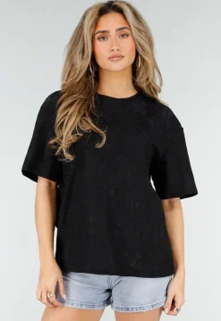 Zwart Kanten T-shirt met Korte Mouwen en Ronde Hals