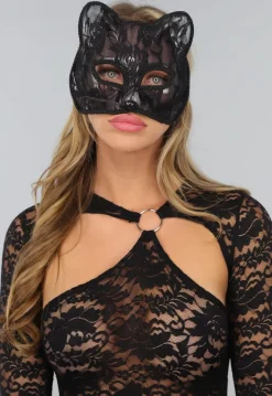 Zwart Katten Masker met Bloemen Kant