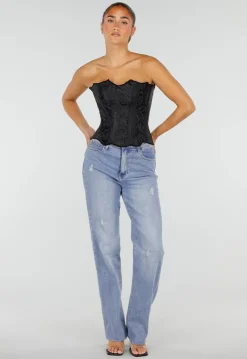 Zwart Korset met Jacquard Print, Baleinen en Vetersluiting