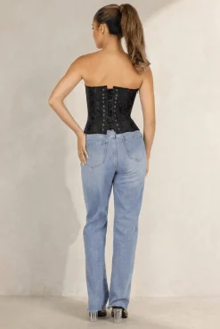 Zwart Korset met Jacquard Print, Baleinen en Vetersluiting