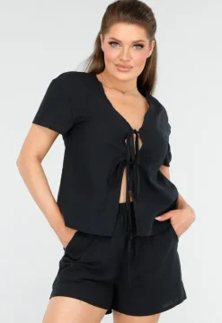 Zwart Luxe Setje met Korte Mouwen en Strikdetails van Katoen