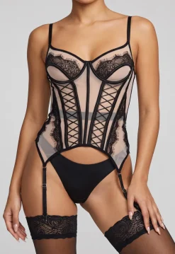 Zwart Mesh Lingerie Korset met Kant, Veterdetails en Jarretels
