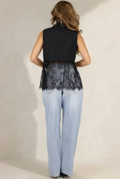 Zwart Mouwloos Gilet met Kanten Details
