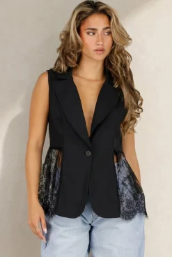 Zwart Mouwloos Gilet met Kanten Details