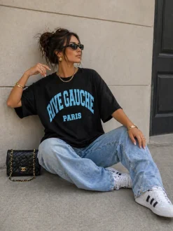 Zwart Oversized T-Shirt met Blauwe Rive Gauche Tekstprint