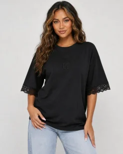 Zwart Oversized T-Shirt met Kantmouwen en Borduring
