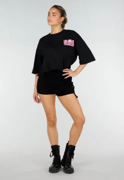 Zwart Oversized T-shirt met Roze Tekst en Korte Mouwen