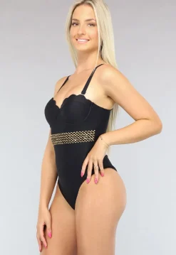Zwart Push-Up Badpak met Geschulpte Cups en Gouden Detail