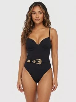Zwart push-up beugel badpak met gouden riem en textuur
