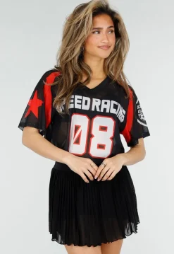 Zwart Rood Mesh Jersey T-Shirt met Print en V-hals