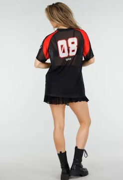 Zwart Rood Mesh Jersey T-Shirt met Print en V-hals