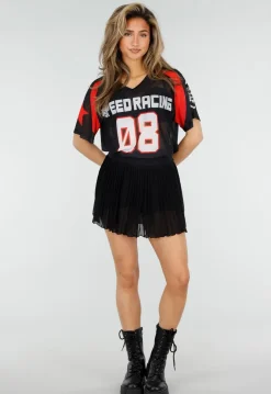 Zwart Rood Mesh Jersey T-Shirt met Print en V-hals