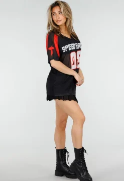Zwart Rood Mesh Jersey T-Shirt met Print en V-hals