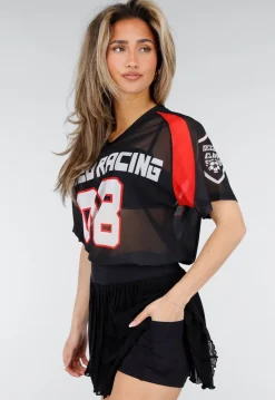 Zwart Rood Mesh Jersey T-Shirt met Print en V-hals