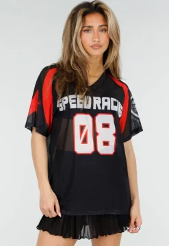 Zwart Rood Mesh Jersey T-Shirt met Print en V-hals