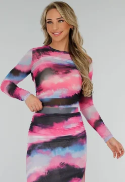 Zwart Roze Watercolor Stretch Mesh Cropped Top met Lange Mouwen en Geplooid Detail