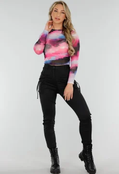 Zwart Roze Watercolor Stretch Mesh Cropped Top met Lange Mouwen en Geplooid Detail