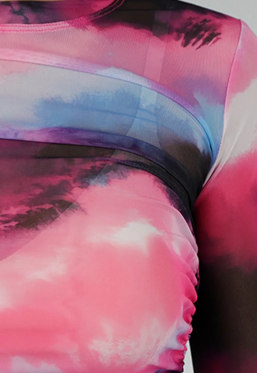 Zwart Roze Watercolor Stretch Mesh Cropped Top met Lange Mouwen en Geplooid Detail