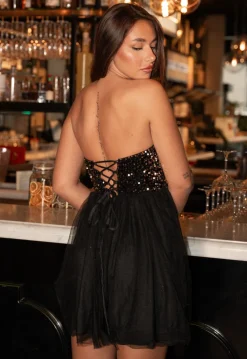 Zwart Strapless Tule Jurkje met Pailletten