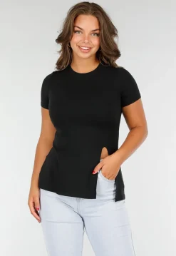 Zwart Stretch T-Shirt met Slim Fit, Ronde Hals en Zijsplit