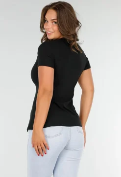 Zwart Stretch T-Shirt met Slim Fit, Ronde Hals en Zijsplit