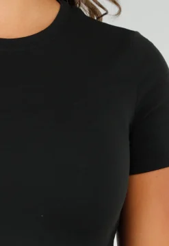 Zwart Stretch T-Shirt met Slim Fit, Ronde Hals en Zijsplit