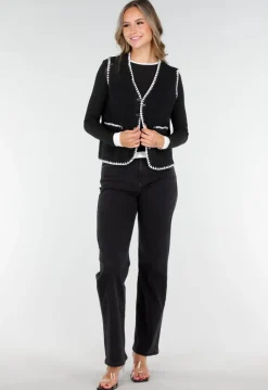 Zwart Teddy Gilet met Witte Randen en Knoopsluiting
