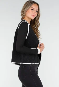 Zwart Teddy Gilet met Witte Randen en Knoopsluiting