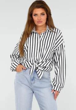 Zwart-Wit Gestreepte Blouse met Knoopsluiting, Kraag en Glittersteentjes