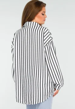Zwart-Wit Gestreepte Blouse met Knoopsluiting, Kraag en Glittersteentjes